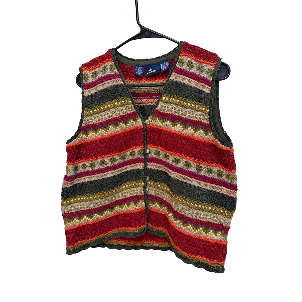 Vintage Lizsport Womens Knit Vest Red Green Tan Button Front Size L